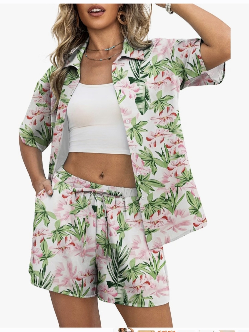 Women's Pink & Green Floral Short Button Up Cover Up Set